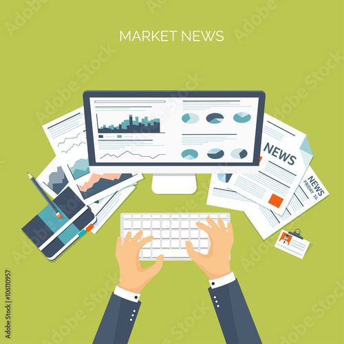Vector illustration. Flat header. Online market news. Newsletter and information. Business and market news. Financial report.