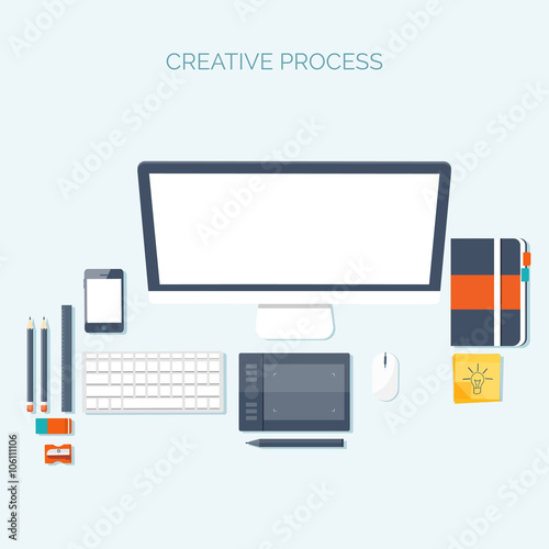 Vector illustration. Flat header. Workplace. Programming, coding, web design. Laptop, pc.