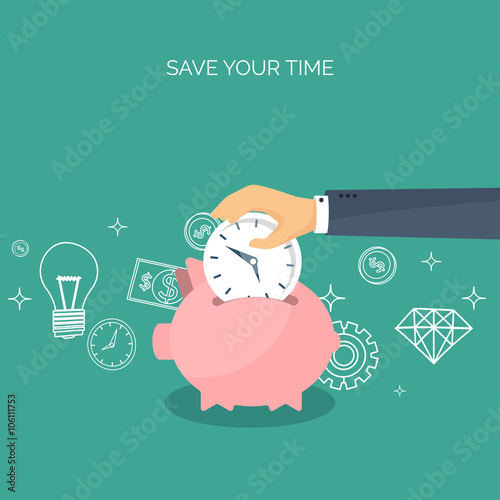 Vector illustration. Flat saving money concept background. Piggy bank, coins. Time is money.