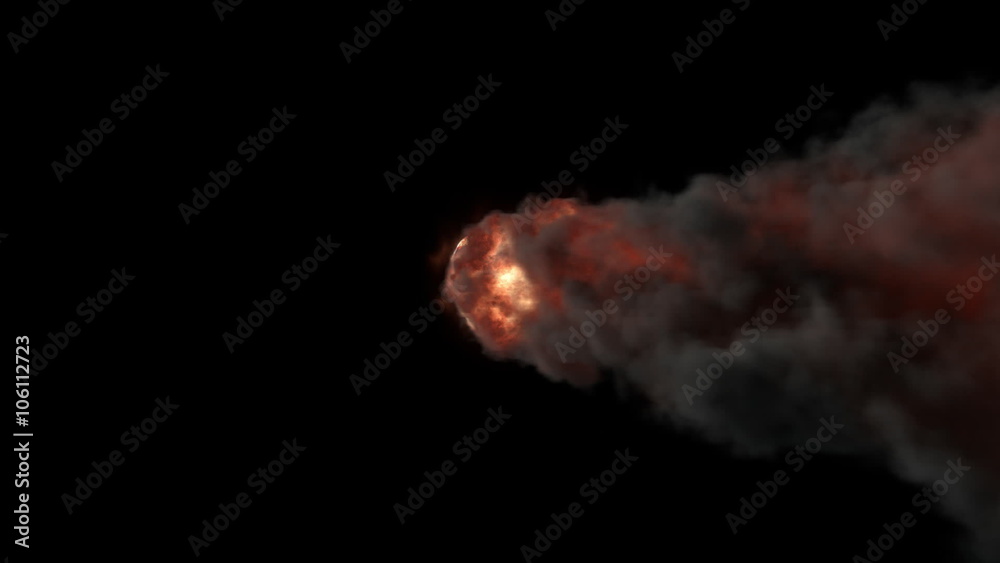Burning meteorite leaves a smoke trail in the atmosphere. The camera tracking the object. Matte is included.