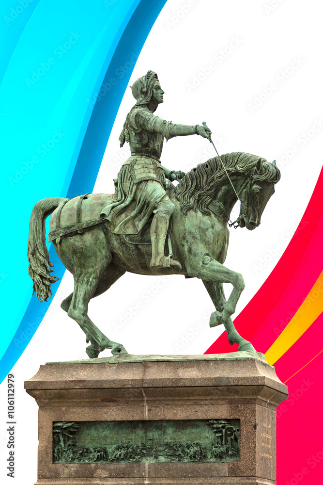 Obraz premium Statue de Jeanne d'Arc à Orléans sur fond de drapeau français.