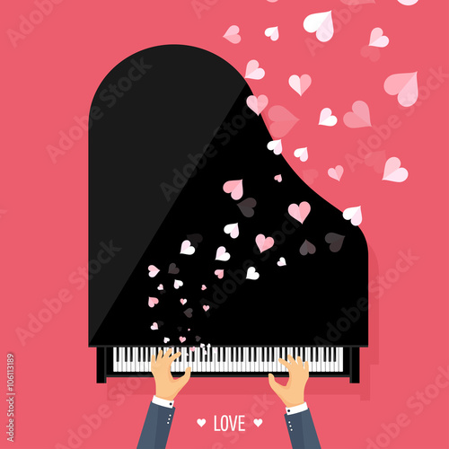 Vector illustration. Musical flat background with hearts. Love. Piano key, keyboard. Melody. Instrument.