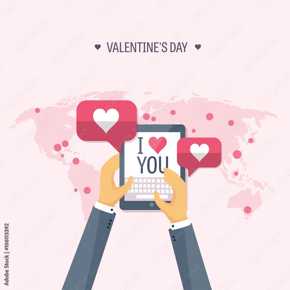 Vector illustration. Flat background with tablet. Love, hearts. Valentines day. Be my valentine. 14 february. Vector illustration. Flat background with tablet. Love, hearts. Valentines day. Be my valentine. 14 february.
