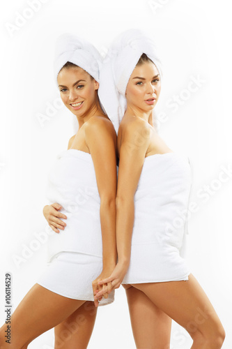 Two happy teen girl after shower