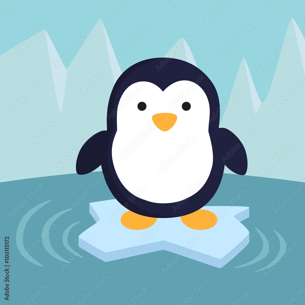 Naklejka premium A little cute penguin standing on iceberg in winter background.