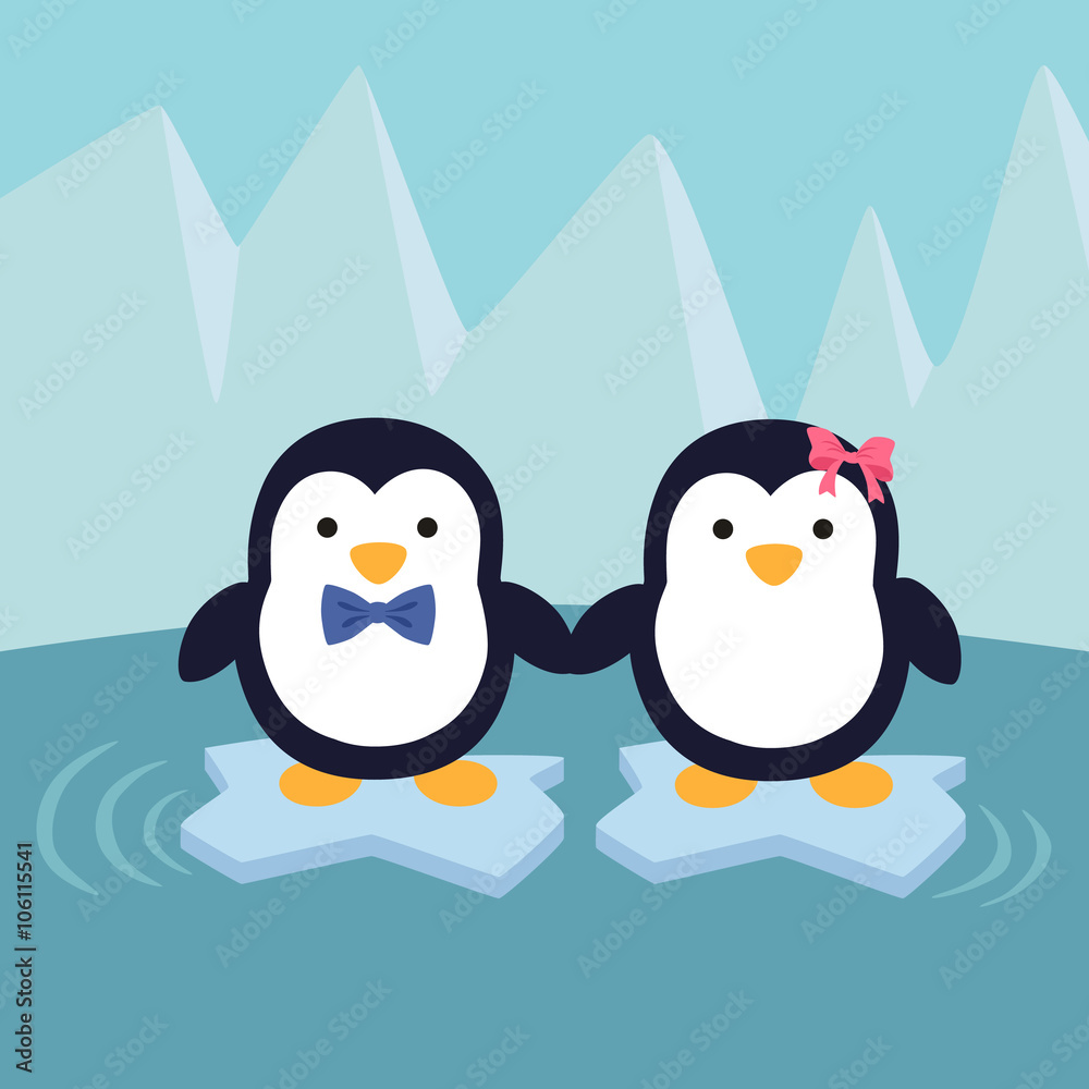 Fototapeta premium A cute couple penguin standing and holding hands on iceberg in winter background.