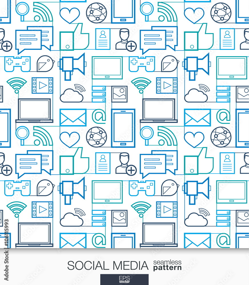 Social Media wallpaper. Network communication seamless pattern. Tiling textures with integrated thin line web icons set. Vector illustration. Abstract background for mobile app, website, presentation Social Media wallpaper. Network communication seamless pattern. Tiling textures with integrated thin line web icons set. Vector illustration. Abstract background for mobile app, website, presentation