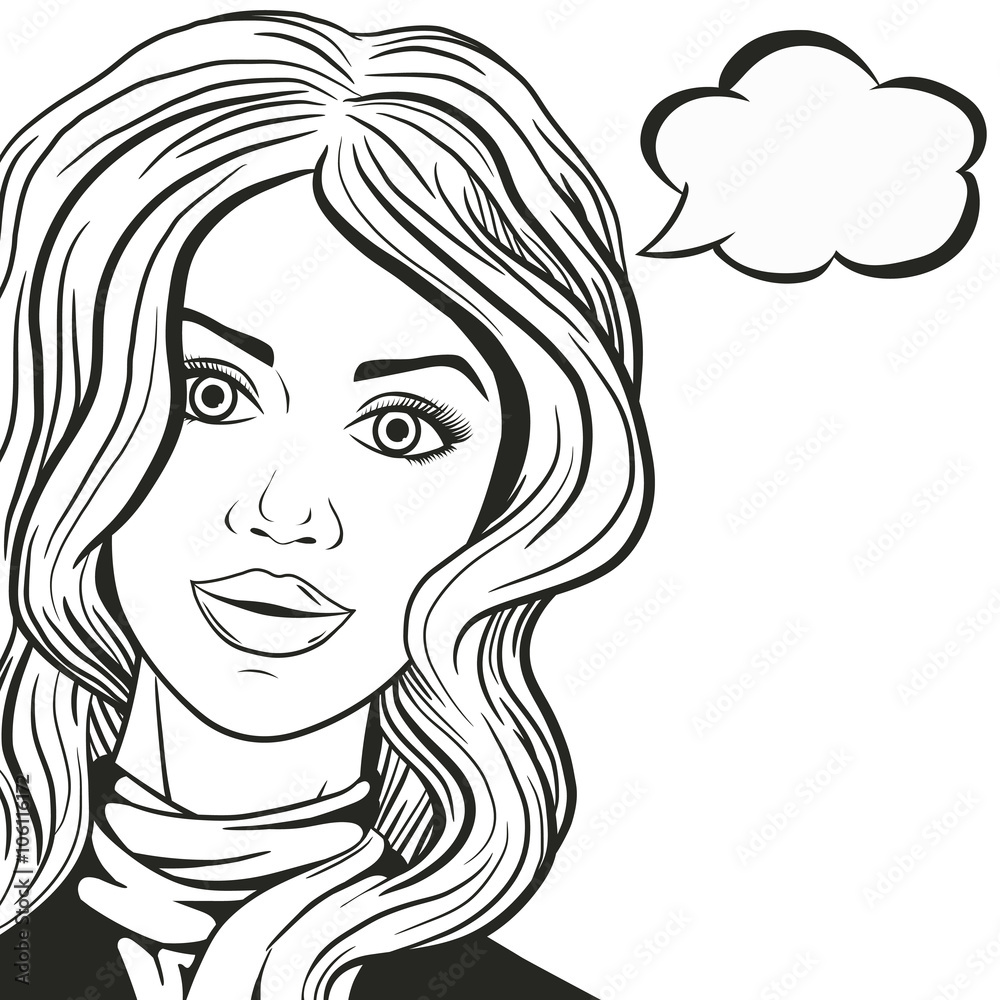Vector Line art young woman in scarf with speech bubble outlined, comic sketch style Vector Line art young woman in scarf with speech bubble outlined, comic sketch style