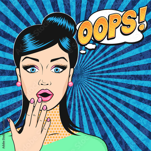 OOPS Pop art surprised woman face with open mouth in retro comic style