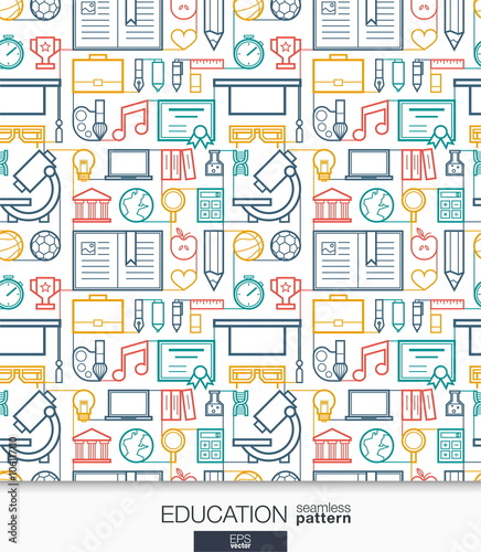 Education wallpaper. School and university connected seamless pattern. Tiling textures with thin line integrated web icons set. Vector illustration. Abstract elearning background for mobile app