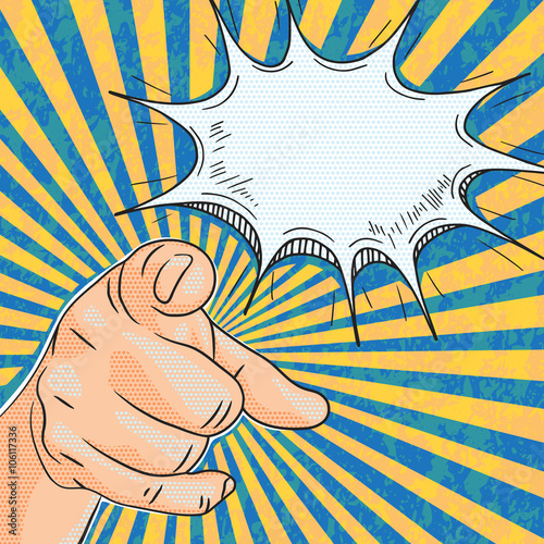 Pop art retro banner with man hand pointing on you with speech bubble for text, comics style vector dotted mans hand pointing finger