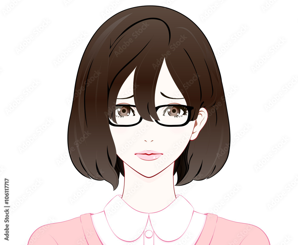 メガネをかけた女性の表情 / 困り顔 / 春服