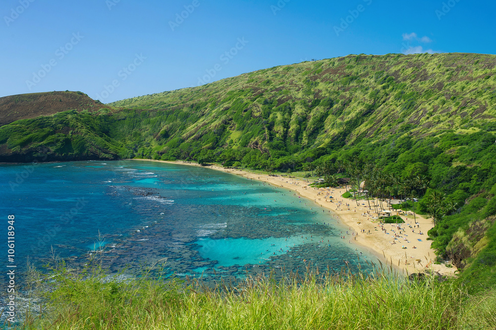 Hanauma Bay in Oahu, Hawaii. Coral reef for snorkeling formed in a volcanic crater