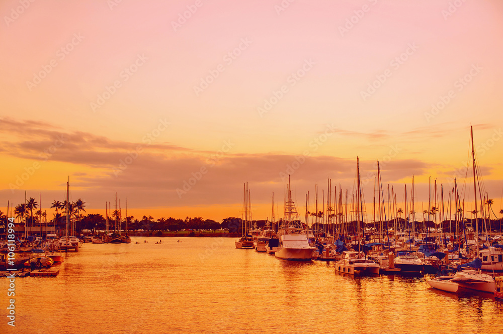 Oahu sunset at Ala Wai Yacht Harbor, paradise tropical experience