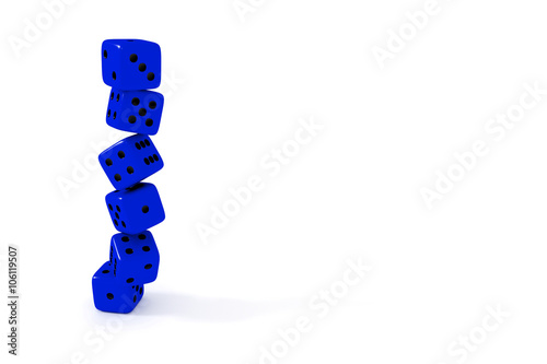Stack of blue dice on a white background