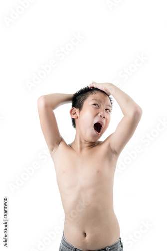 Stress Asian boy scratching his hair with sweat on white backgro