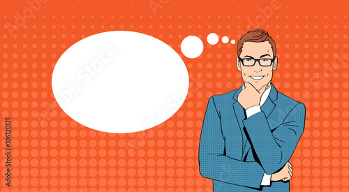 Business Man Hold Chin Businessman Think, Ponder New Idea Chat Bubble Pop Art Retro Style 