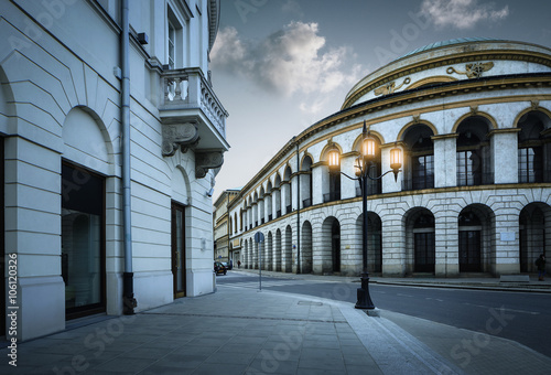 Historic art nouveau building of bank in Warsaw old town, Poland