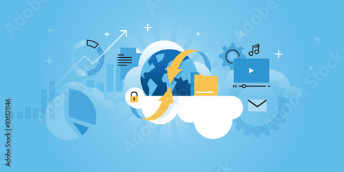 Cloud computing concept for website banner. Modern flat line design vector illustration for web design, marketing and print material.