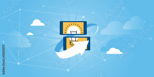 Flat line design website banner of online share ideas platform, idea management software. Modern vector illustration for web design, marketing and print material.
