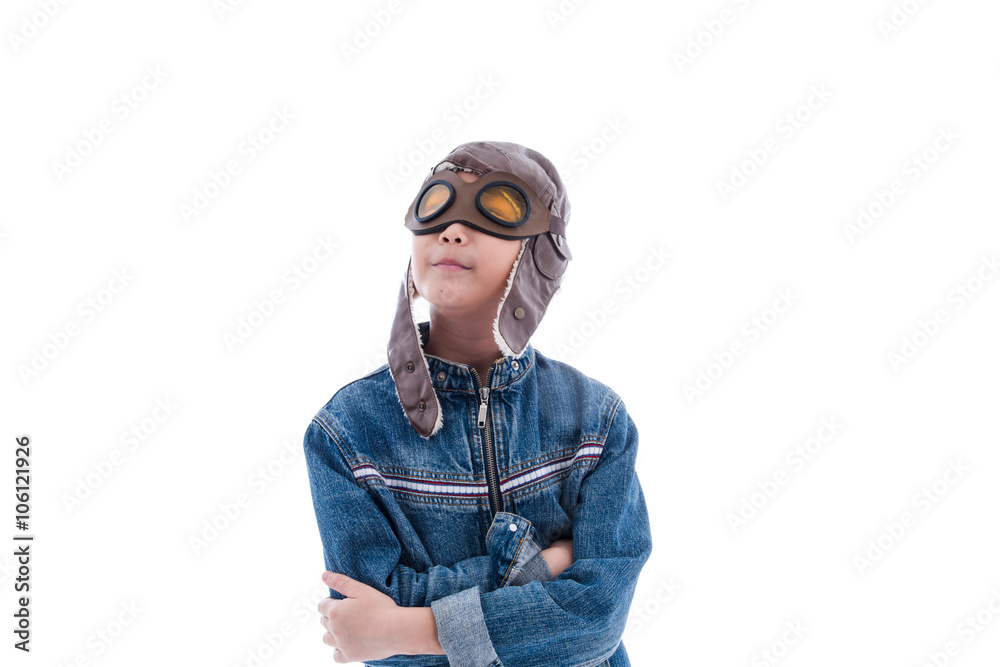 Asian boy wishing to be a pilot on white