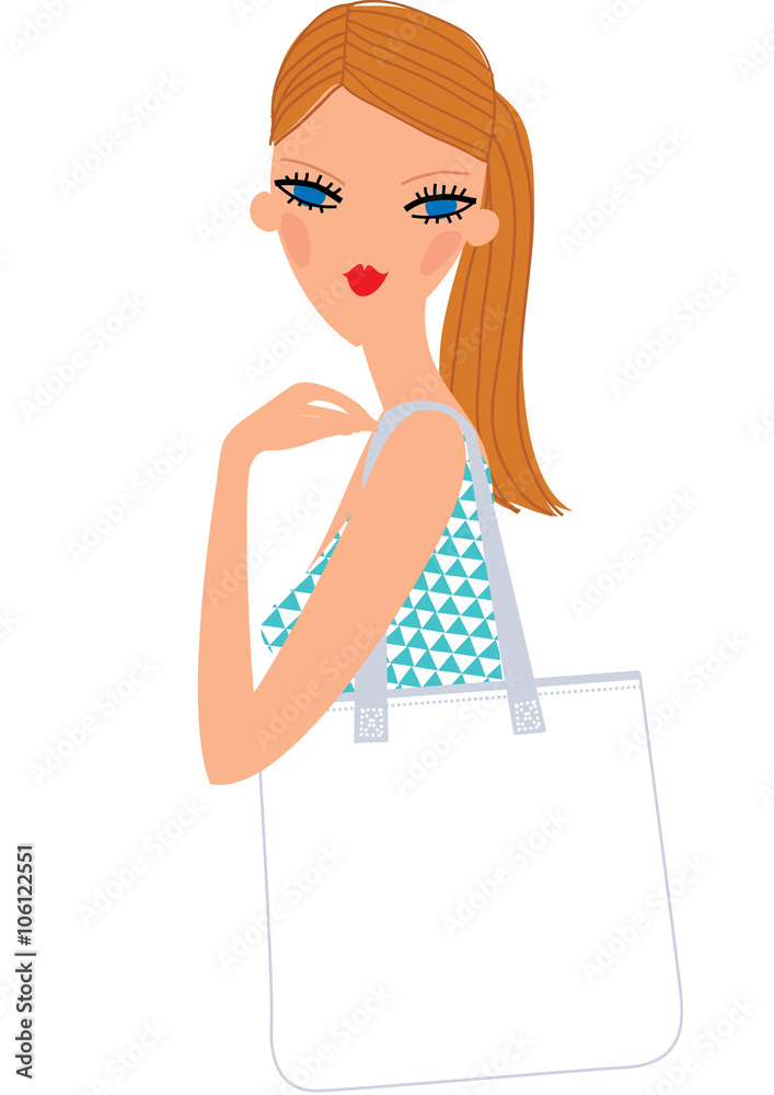 A girl holding on the shoulder white eco bag. Vector illustration A girl holding on the shoulder white eco bag. Vector illustration