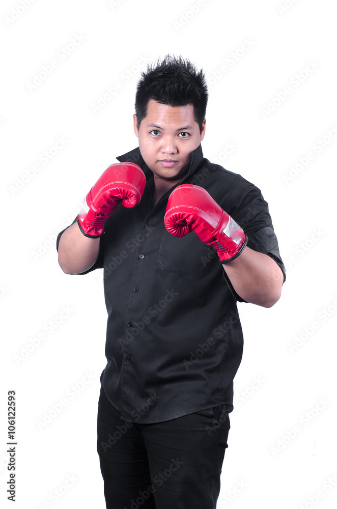 businessman with red boxing glove ready to fight with problem, b