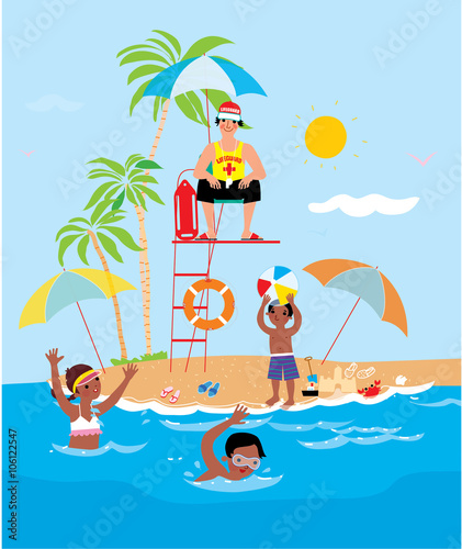 Children swimming and playing on the sea beach. Lifeguard is looking after them. Vector