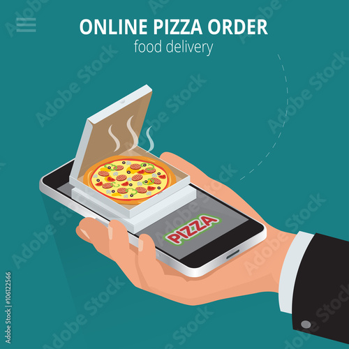 Online pizza. Ecommerce concept - order food online website. Fast food pizza delivery online  service. Flat 3d isometric vector illustration. 