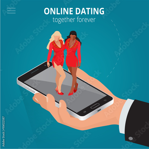 Online dating app concept.  Interracial couple app illustration in flat style. 3d isometric vector illustration.