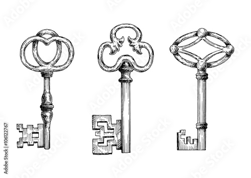 Engraving sketches of medieval keys for security theme, tattoo or victorian stylized embellishment design