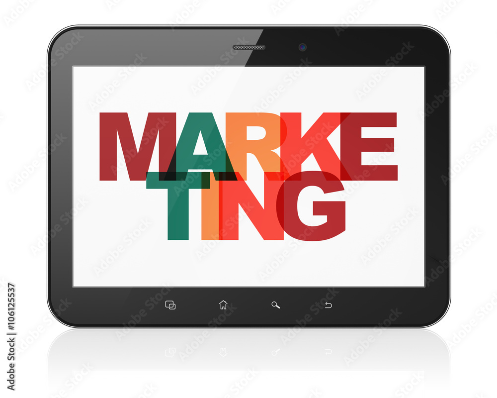 Advertising concept: Tablet Computer with Marketing on display Advertising concept: Tablet Computer with Marketing on display