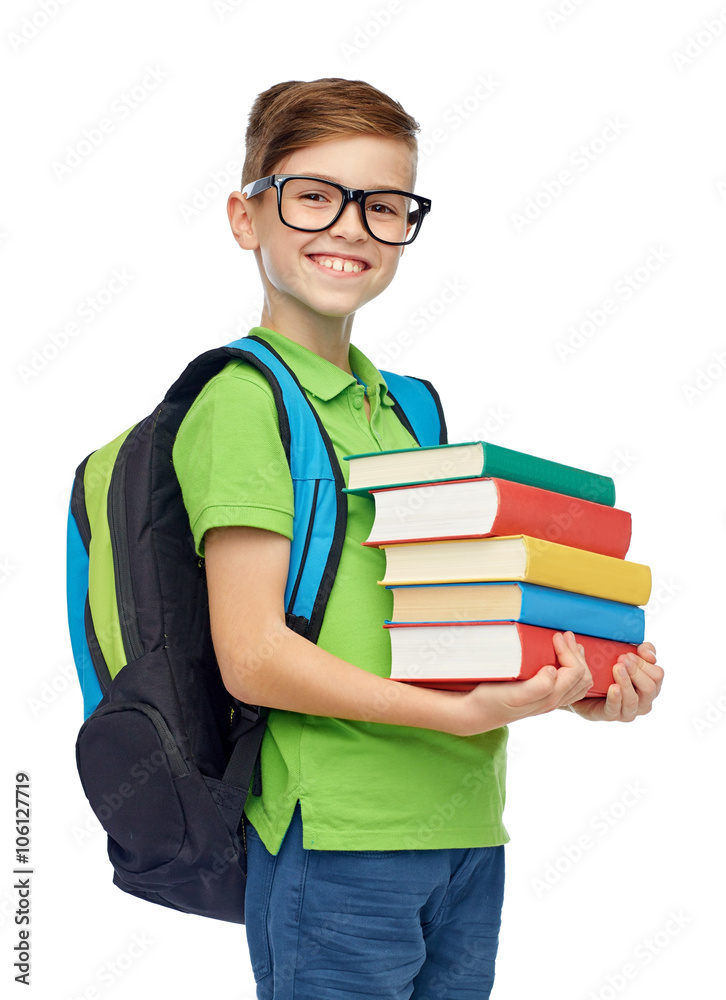 happy student boy with school bag and books happy student boy with school bag and books