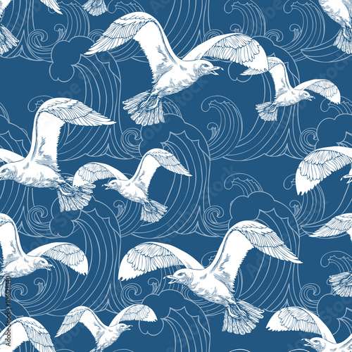 Vintage sea background, beach theme fashion seamless pattern