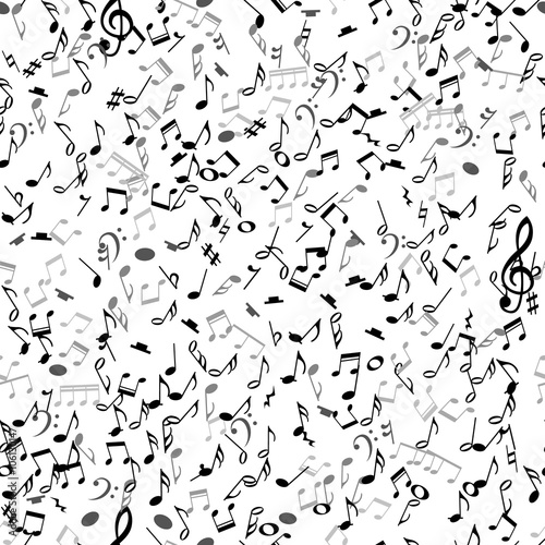 Abstract musical seamless pattern with black notes on white background. 