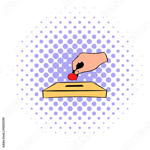 Donation box and red heart icon, in comics style