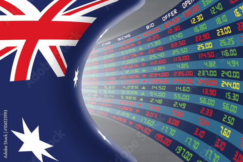 Photography National flag of Australia with a large display of daily stock market price and quotations during normal economic period