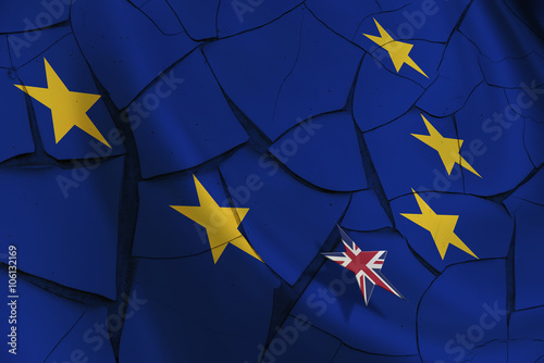 Brexit : Flag of EU and 12 gold (yellow) stars with a small star flag of UK rise above the blue background. An uncertainty when UK prime minister renegotiate Britain's relationship within the EU. photo