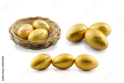 Asset allocation theme, golden eggs with various type of financial and investment products i.e bond, cash, etc. Sustainable portfolio and long term wealth management with risk diversification concept.