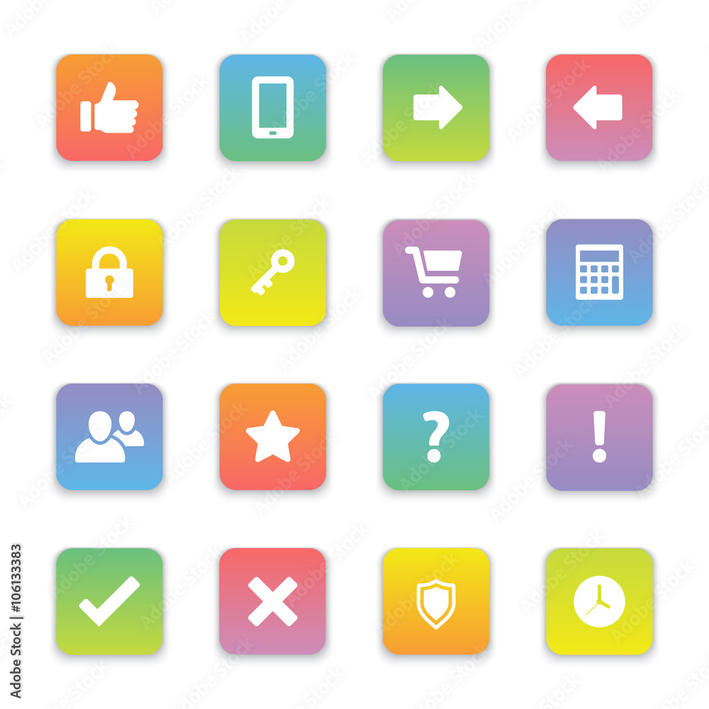 gradient colored flat computer and miscellaneous icon set on rounded rectangle for web design, user interface (UI), infographic and mobile application (apps)