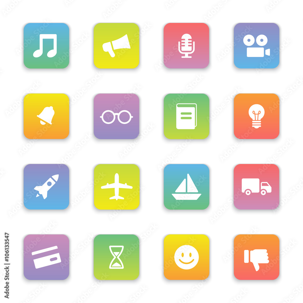 gradient colored flat transport and miscellaneous icon set on rounded rectangle for web design, user interface (UI), infographic and mobile application (apps)