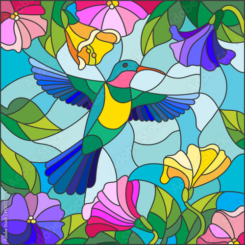 Illustration in stained glass style with colorful Hummingbird on background of the sky ,greenery and flowers