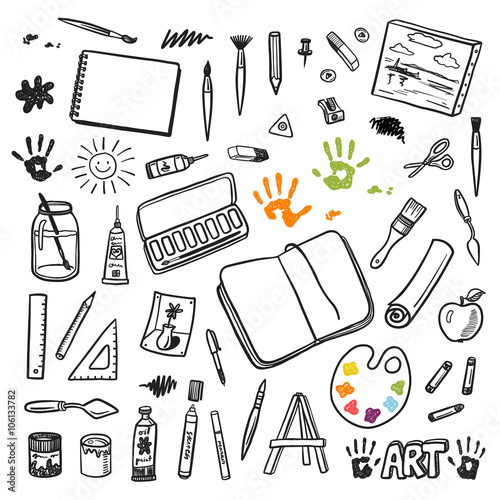 Artist tools sketch hand drawn vector set
