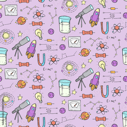 Seamless pattern with physic and astronomy elements