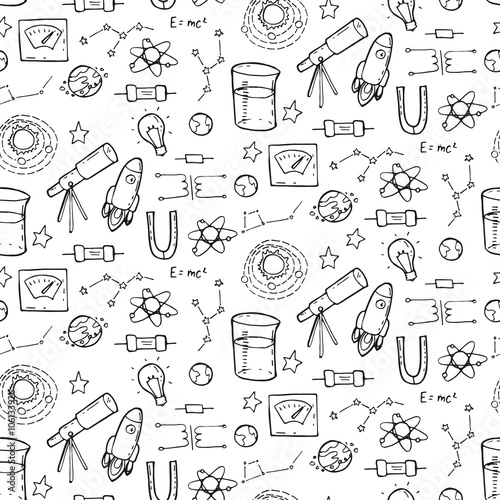 Seamless pattern with physic and astronomy elements