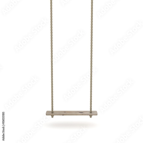 Swing made of rope and a wooden plank. 3D render illustration isolated on white background