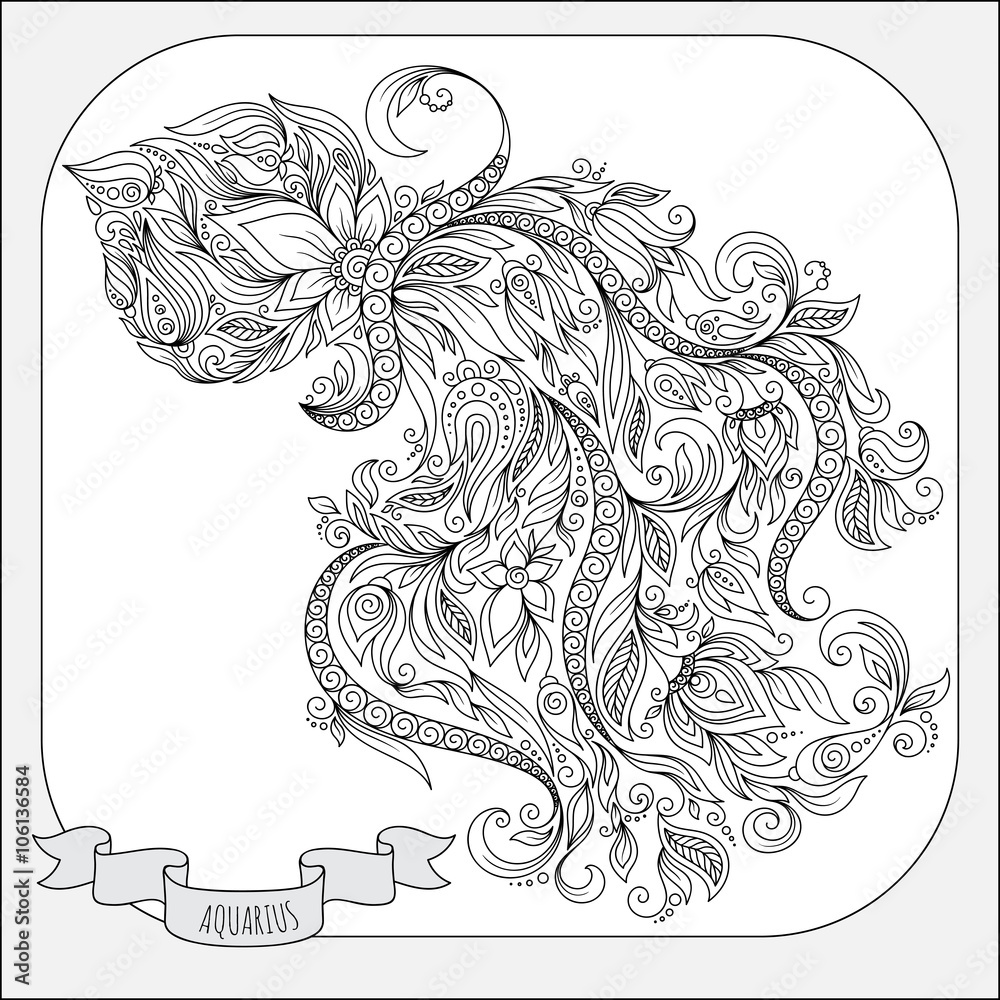 Hand drawn line flowers art of zodiac Aquarius. Hand drawn line flowers art of zodiac Aquarius.