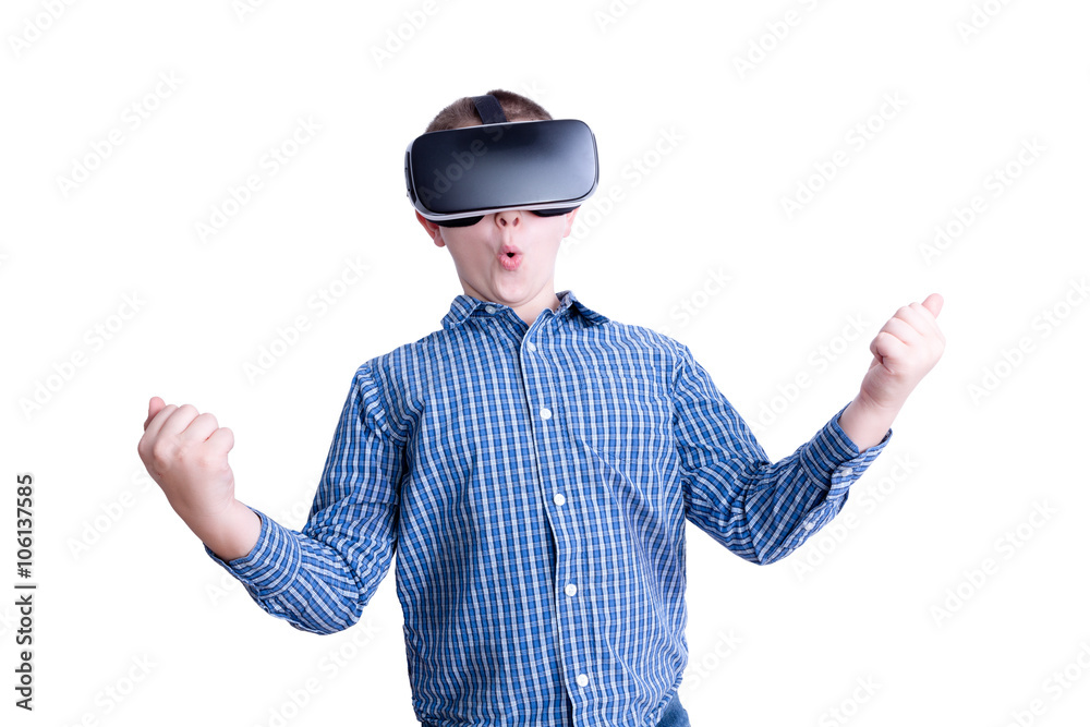 Excited boy looking with virtual reality headset Excited boy looking with virtual reality headset