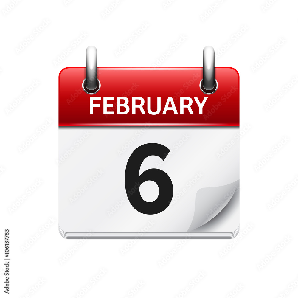 February 6. Vector flat daily calendar icon. Date and time, day, month. Holiday. February 6. Vector flat daily calendar icon. Date and time, day, month. Holiday.