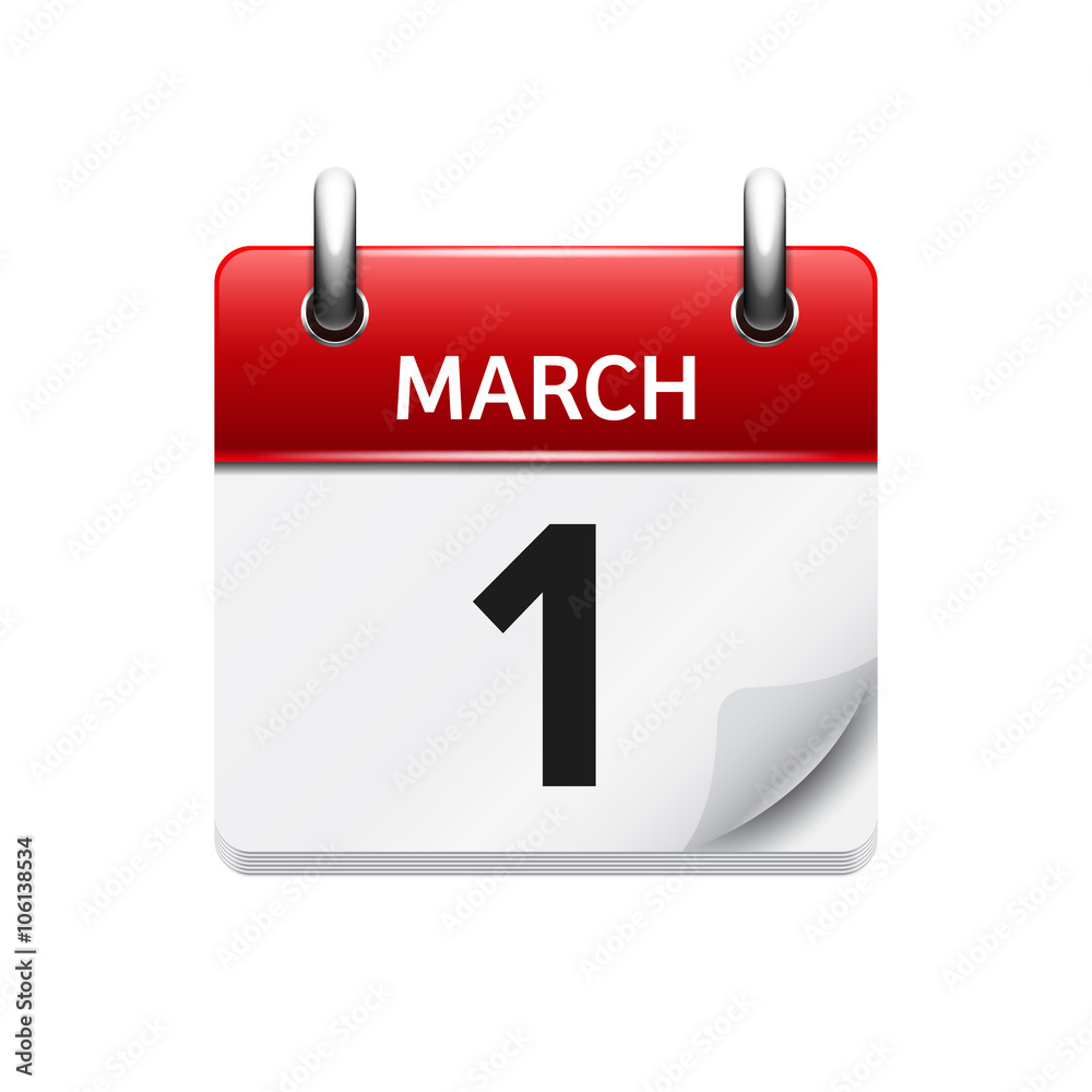 March 1. Vector flat daily calendar icon. Date and time, day, month. Holiday. March 1. Vector flat daily calendar icon. Date and time, day, month. Holiday.